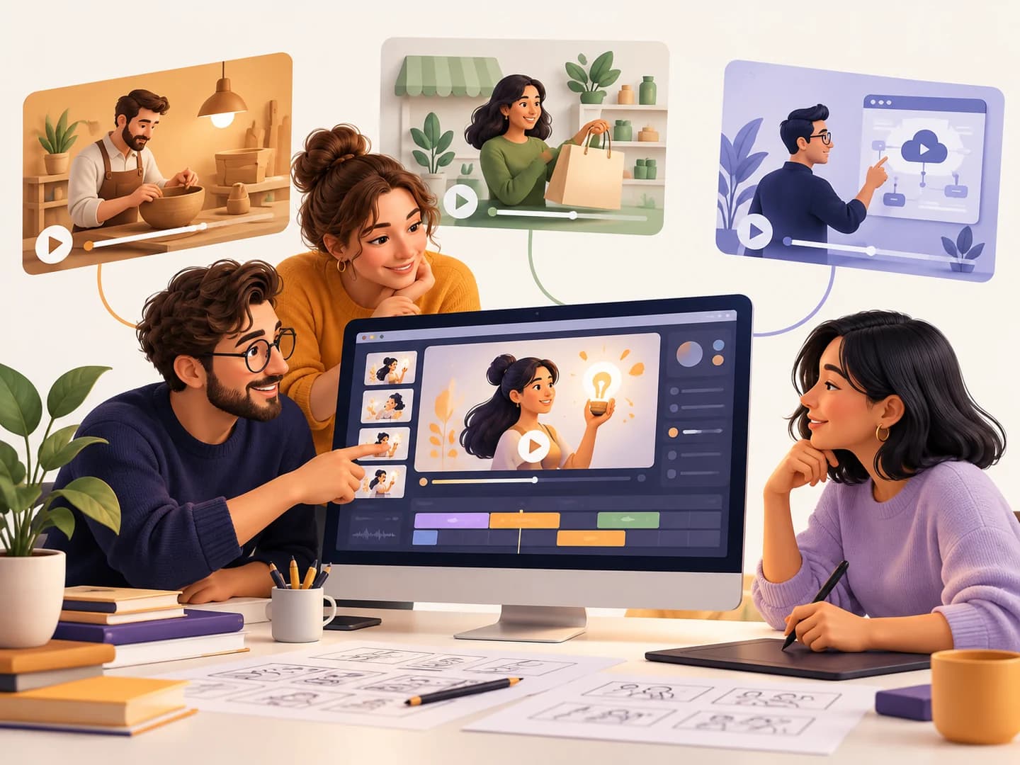 Illustration eines Kreativteams am Videobildschirm mit unterschiedlichen Kundenwelten aus Handwerk, Handel und Software