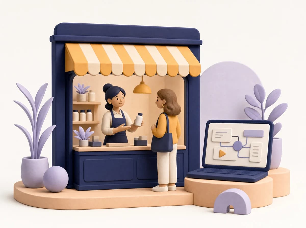 Illustration eines kleinen Geschäfts mit Unternehmern und visuellen Elementen, die ein Angebot verständlich machen